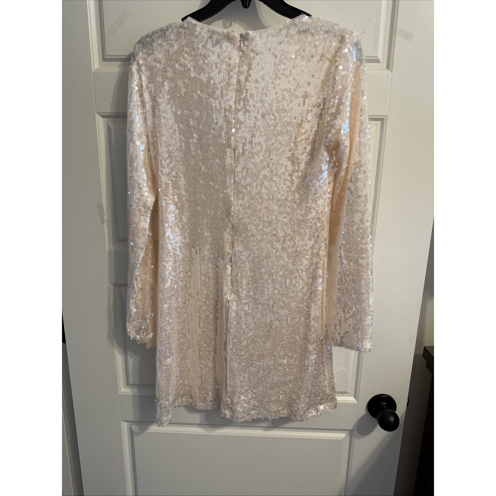 NWT GIANNI BINI Dress with sequin Round Neck Long Sleeve Mini Ivory Size Small - Picture 2 of 2
